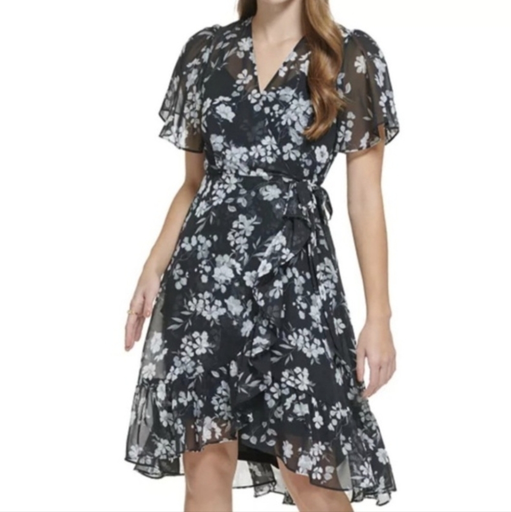 Calvin Klein Black & White Floral Midi Dress Macy's Size 6